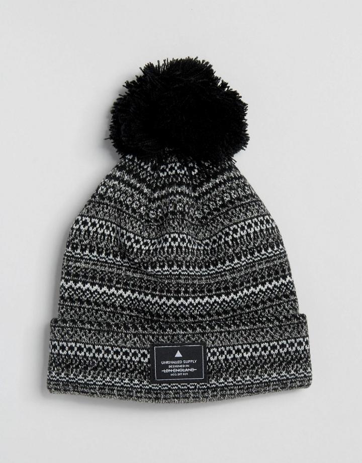 Asos Patch Beanie In Black And White Fairisle - Black