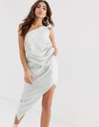 Asos Design One Shoulder Drape Mini Dress In Abstract Animal Jacquard - Silver