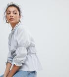 Fashion Union Tall High Neck Top In Gingham With Shirring Detail - Gray