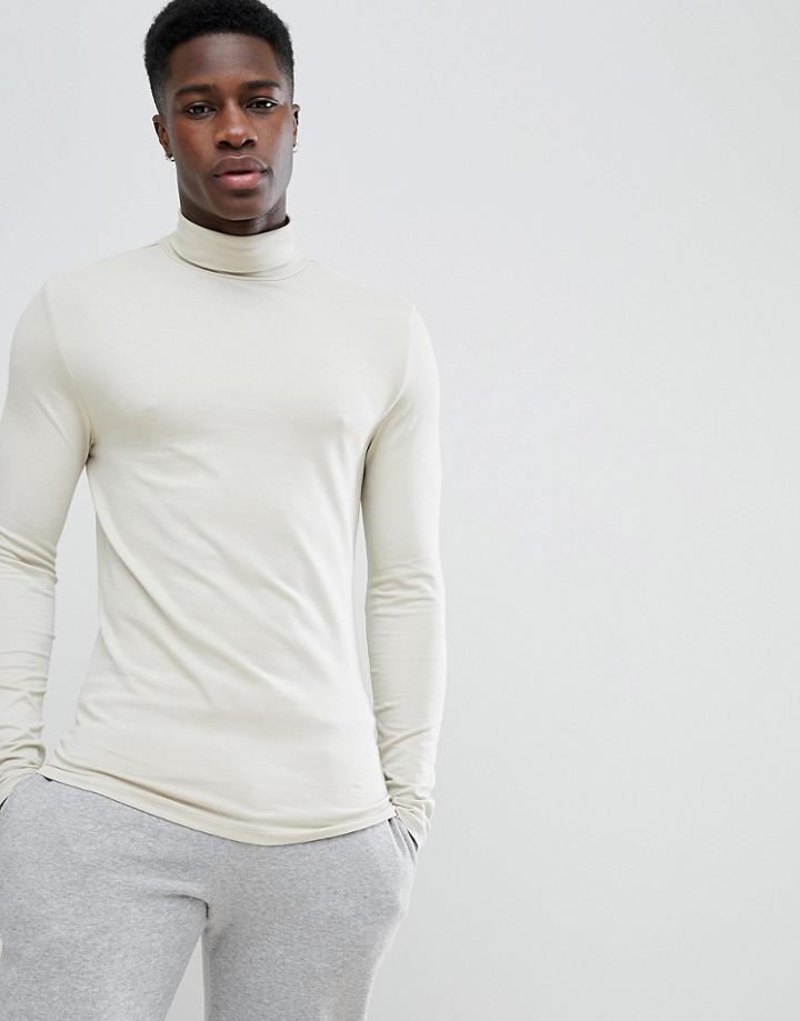 Asos Design Muscle Fit Long Sleeve T-shirt With Roll Neck - Beige