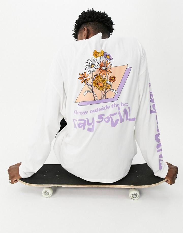 Asos Daysocial Oversized Long Sleeve T-shirt With Multi Placement Graphic And Logo Print In White