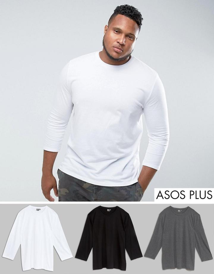 Asos Plus 3/4 Length Sleeve T-shirt 3 Pack Save - Multi