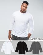 Asos Plus 3/4 Length Sleeve T-shirt 3 Pack Save - Multi