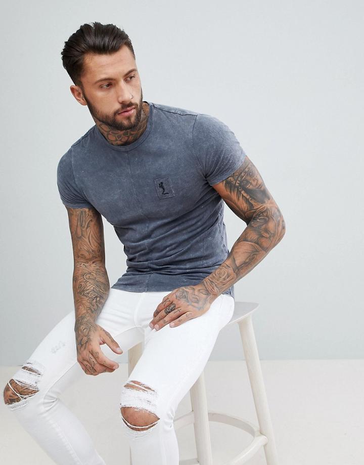 Religion Longline T-shirt With Curved Hem In Acid Wash - Gray