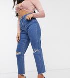 Asos Design Petite Recycled Farleigh High Waist Slim Mom Jeans In Dark Wash With Busted Knees-blues
