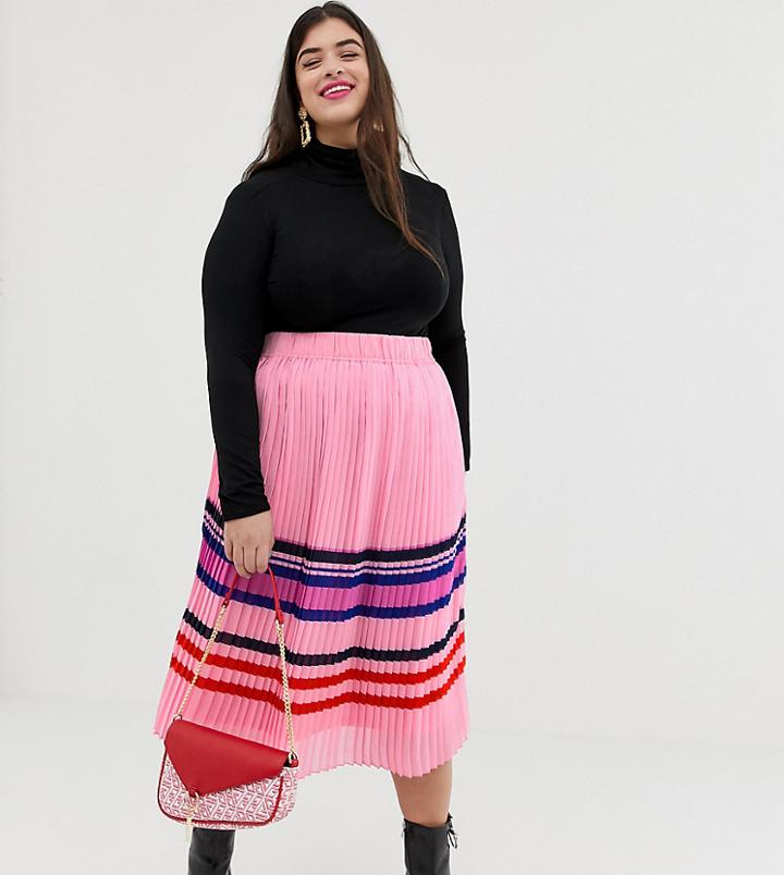 Junarose Stripe Pleated Midi Skirt - Pink