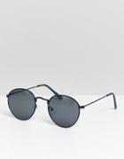 Asos Design Round Sunglasses In Navy Metal With Smoke Lens - Navy