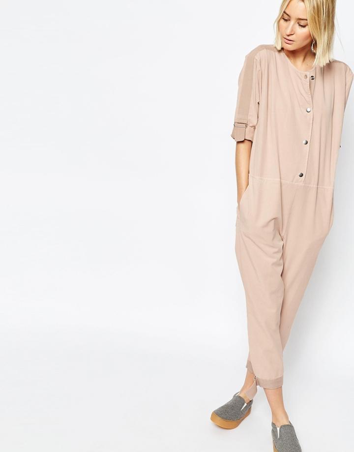 Asos White Herringbone Jumpsuit With D-ring Detail - Blush