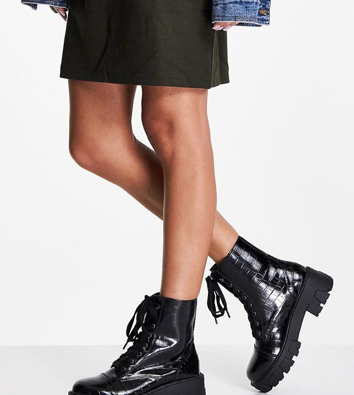 Glamorous Wide Fit Chunky Lace Up Boots In Black Croc