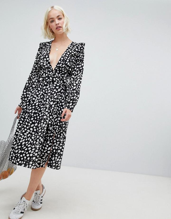 Glamorous Long Sleeve Midi Dress With Flutter Sleeves In Smudge Polka Dot