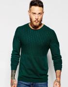 Asos Dropped Shoulder Cable Jumper In Merino Wool Mix - Green