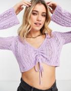 Miss Selfridge Pointelle Open Stitch Ruched Front Knit Top In Lilac-purple