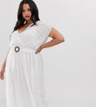 Asos Design Curve Wrap Front Maxi Dress With Buckle Belt In Self Stripe-white