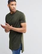 Asos Super Longline T-shirt With Curved Front And Straight Back Hem In White - Army Green