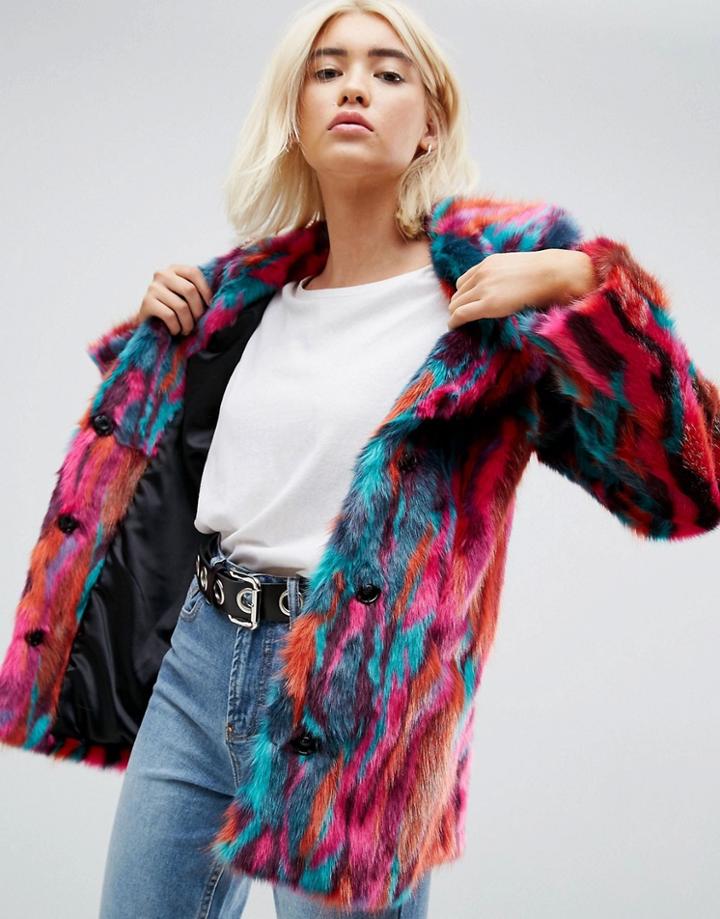 Asos Faux Fur Midi Coat In Bright Jacquard - Multi