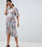 Asos Design Maternity Floral Print Kimono Sleeve Wrap Midi Dress-multi