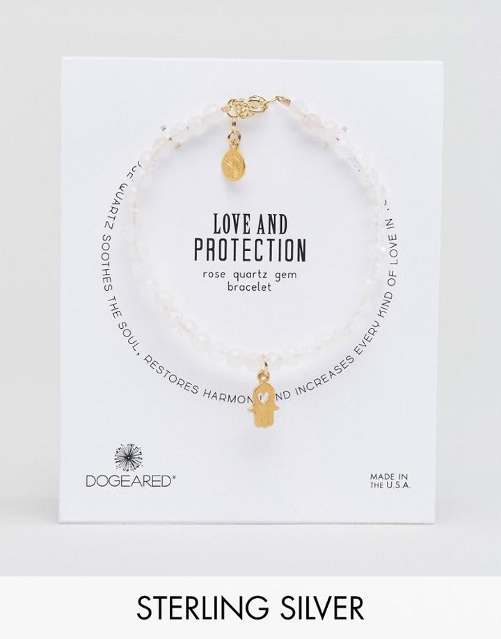 Dogeared Gold Plated Love And Protection Heart Hamsa Soothing Rose Quartz Bracelet - Pink