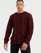 Asos Design Heavyweight Cable Knit Sweater In Burgundy