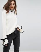 Prettylittlething Contrast Edge Tie Sleeve Detail Sweater - White
