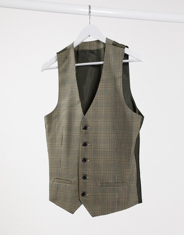 River Island Slim Fit Suit Vest In Brown Heritage Check