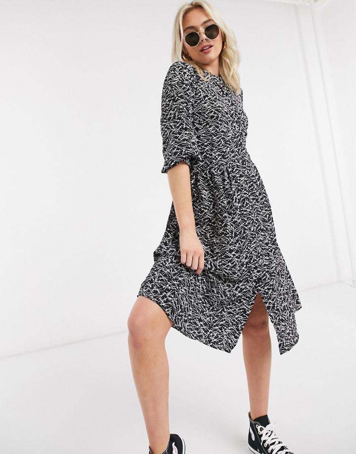 Jdy Abstract Print Midi Dress With Split In Black