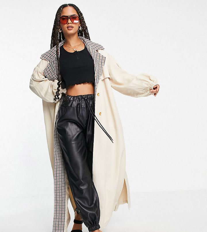 Missguided Check Collar Balloon Sleeve Trench Coat In Sand-neutral