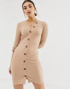 Na-kd Ribbed Dress With Button Detail In Beige - Beige
