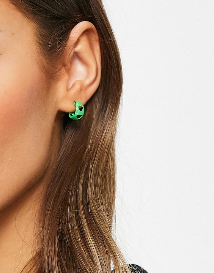 Designb London Mini Huggie Heart Hoop Earrings In Neon Green