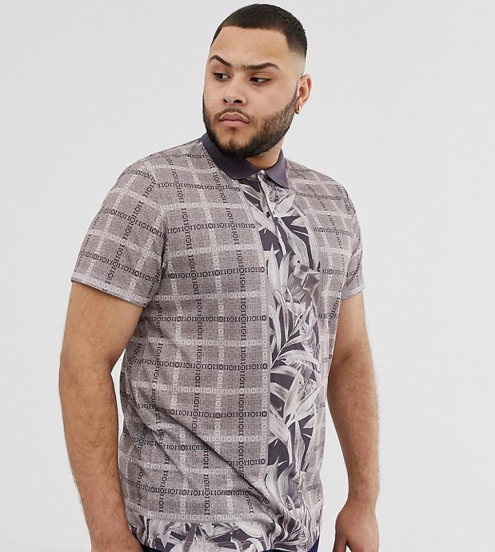 Asos Design Plus All Over Tile Print Print Polo - Purple