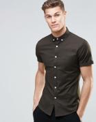 Asos Skinny Oxford Shirt In Dark Khaki With Short Sleeves - Dk Khaki