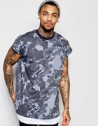 Asos Super Longline T-shirt In Abstract Camo Print With Contrast Hem Extender - Gray