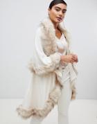 Jayley Luxurious Faux Fur Double Layer Wool Blend Poncho - Cream
