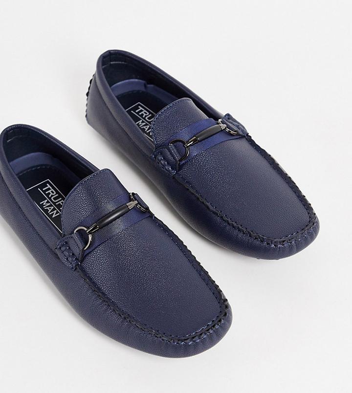 Truffle Collection Wide Fit Faux Leather Metal Trim Drivers In Navy