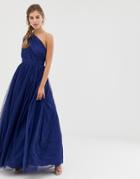 Asos Design Tulle One Shoulder Maxi Dress - Navy