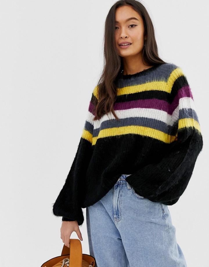 Qed London Stripe Sweater In Fluffy Yarn - Black