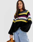 Qed London Stripe Sweater In Fluffy Yarn - Black