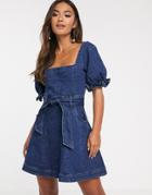 Finders Keepers Miami Denim Mini Dress With Puff Sleeve-blue