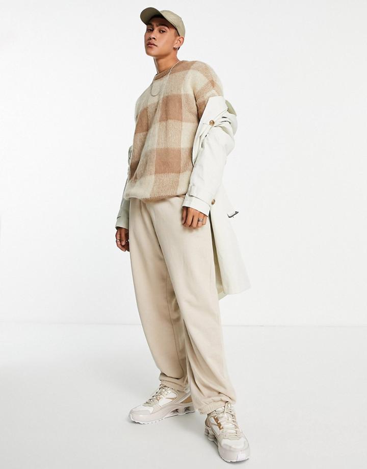 Asos Design Knitted Fluffy Check Sweater In Beige-neutral