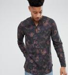 Asos Design Tall Regular Fit Floral Print Shirt With V Neck - Black