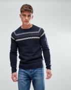 Solid Sweater With Zigzag Design - Navy