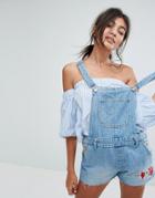 Bershka Embroidered Denim Overall - Blue