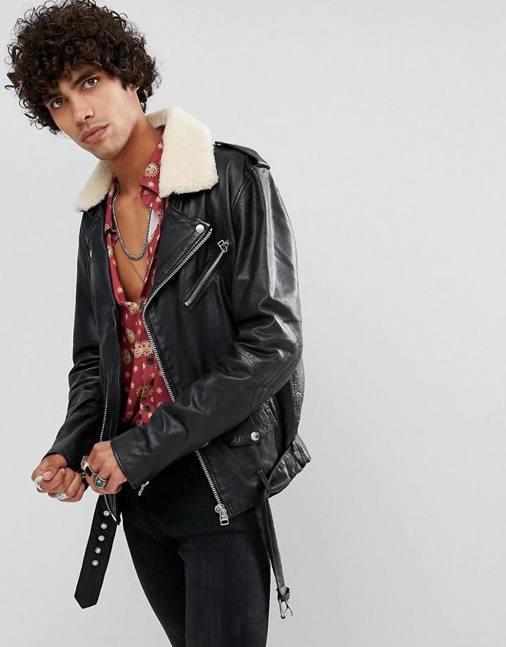 Goosecraft Leather Biker Jacket With Faux Fur Collar - Black