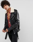 Goosecraft Leather Biker Jacket With Faux Fur Collar - Black