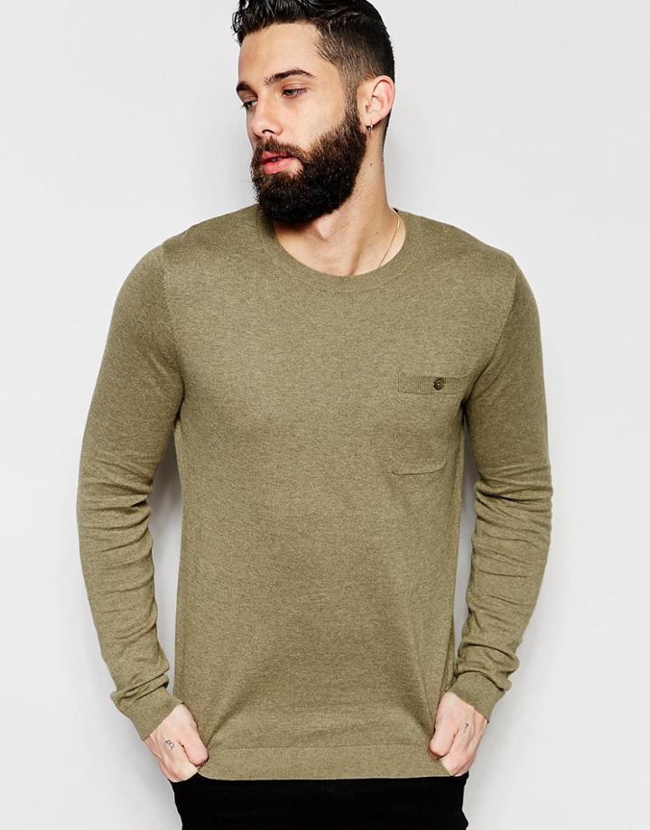Asos Sweater In Cotton With Button Pocket - Khaki