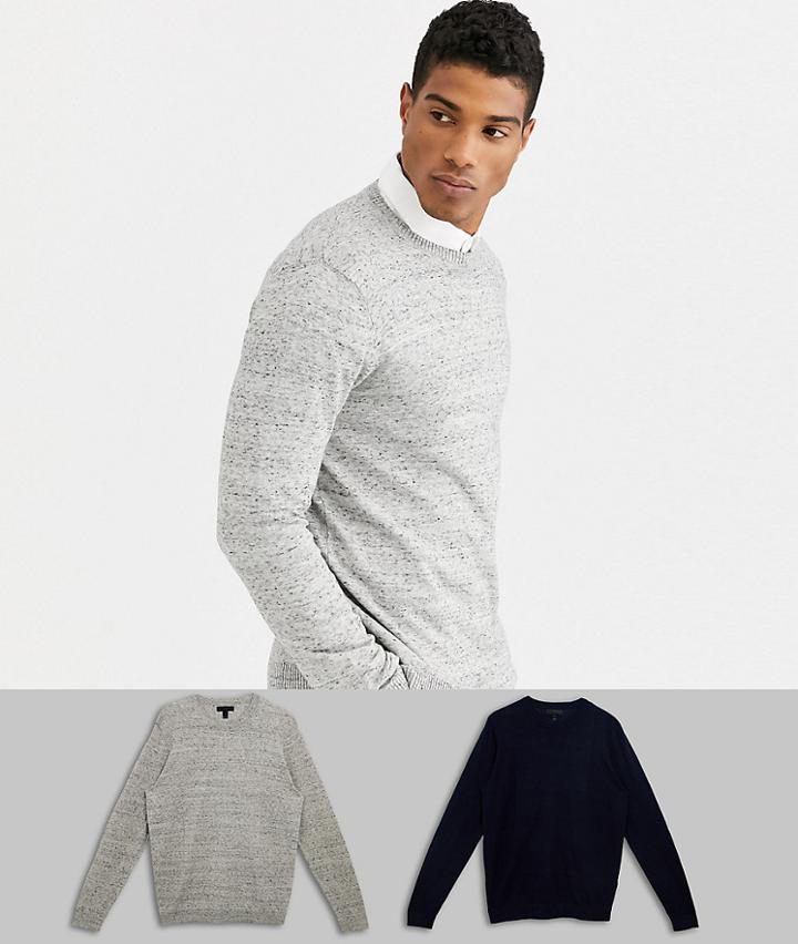 Asos Design Cotton Sweater In Light Gray / Navy 2 Pack Save - Multi