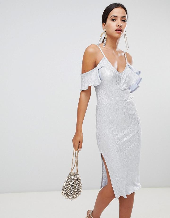Rare London Frill Off Shoulder Midi Dress-blue