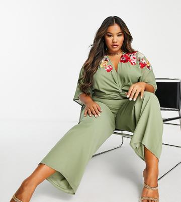 Hope & Ivy Plus Embroidered Plunge Wide Leg Jumpsuit In Olive Green