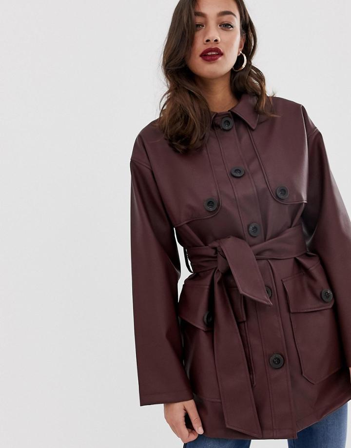 Asos Design Leather Look Utility Jacket - Brown