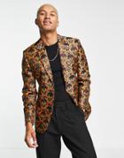 Asos Design Slim Blazer With Floral Jacquard In Brown