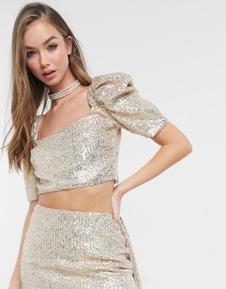 Virgos Lounge Embellished Crop Top Two-piece In Gold Sequin
